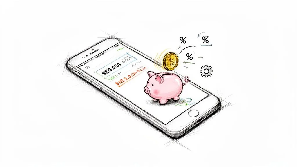 A sketch of a smartphone showing a financial app, piggy bank, and coin, symbolizing automated savings and returns.