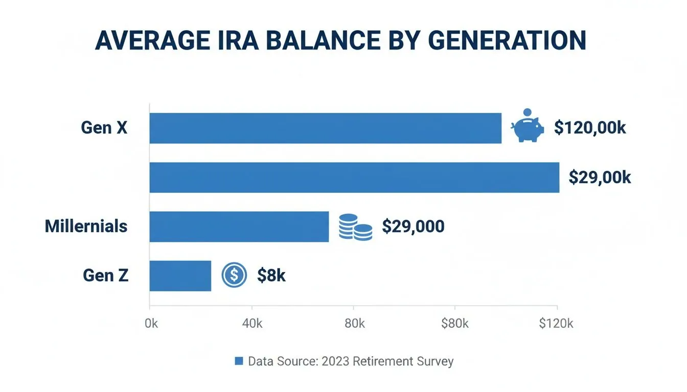Horizontal bar chart illustrating average IRA balances for Gen X, Millennials, and Gen Z from a 2023 survey.