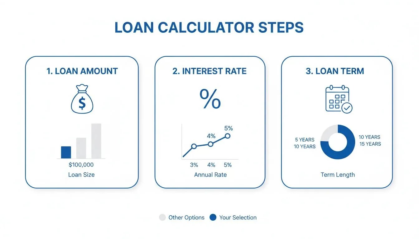 Steps for a loan calculator illustrating loan amount, interest rate, and term length options.
