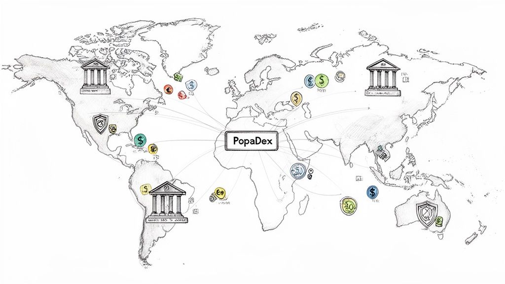 World map illustrating a global financial network with banks, currencies, and security symbols connected to PopaDex.