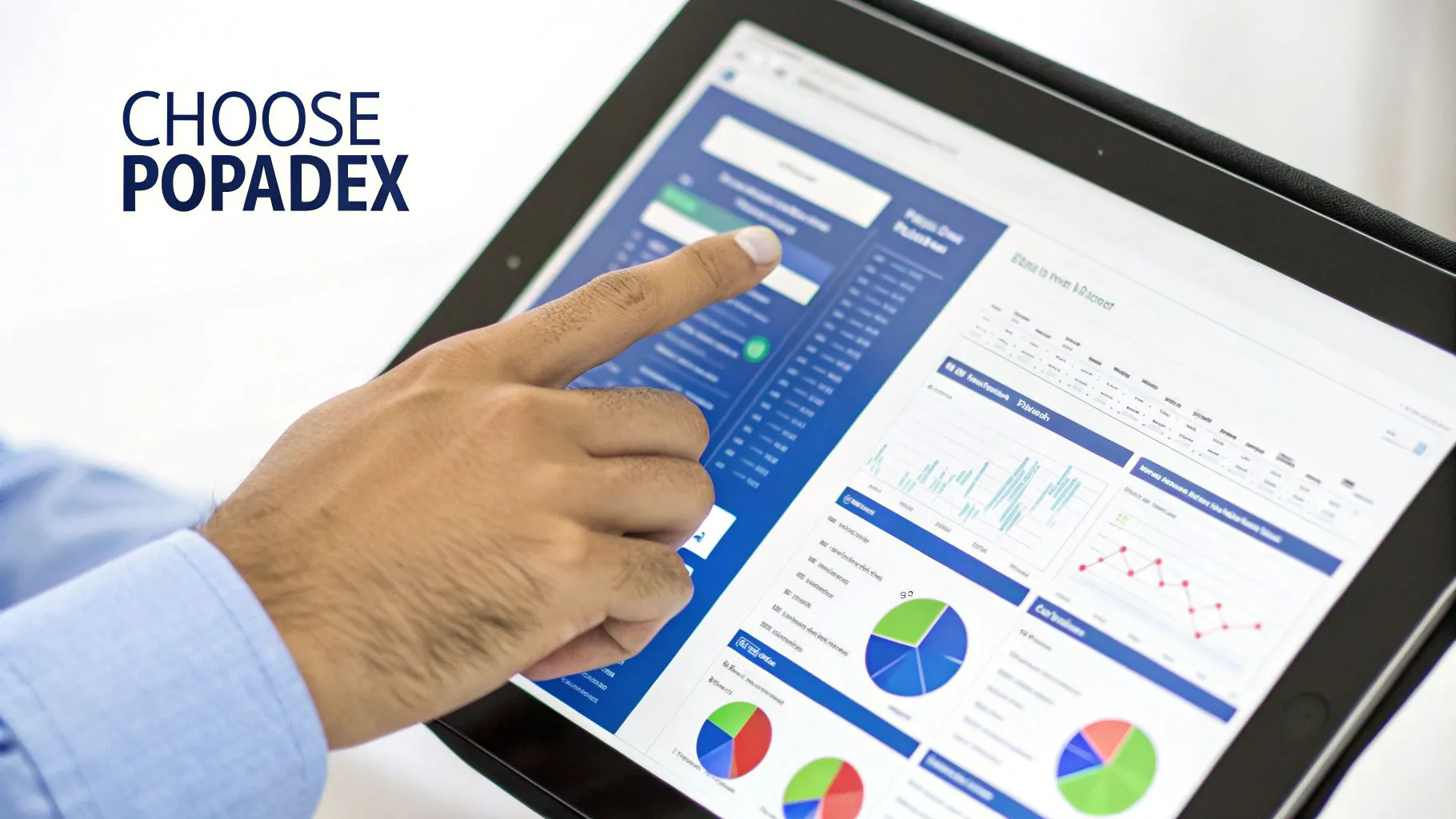 A clean, modern dashboard on a tablet showing a portfolio's performance with charts and graphs.