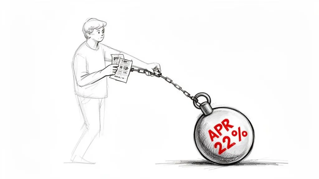 A person holding bills is chained to a heavy ball marked 'APR 22%', symbolizing credit card debt.