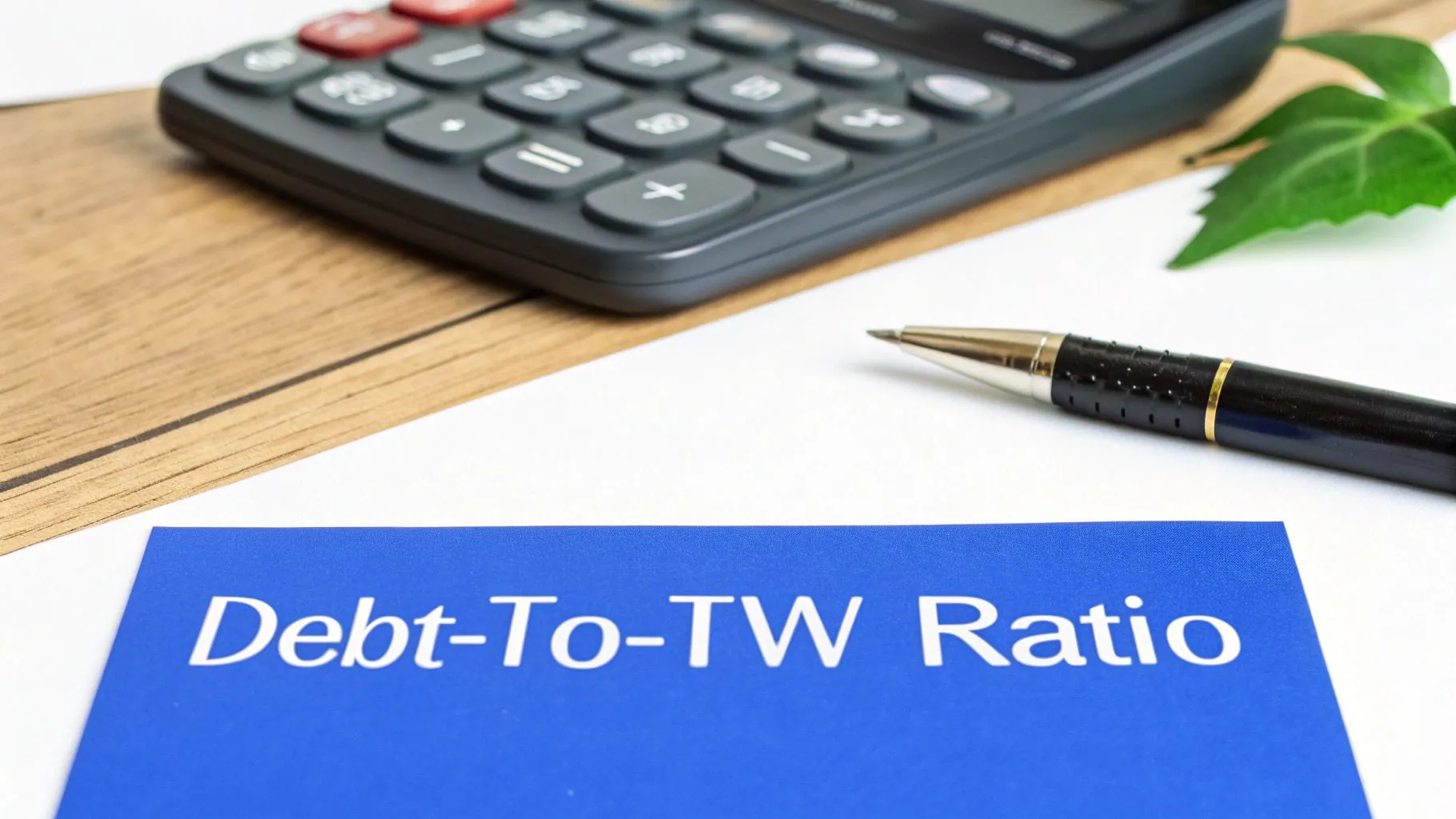Debt-to-TW ratio card with calculator and pen on wooden desk for financial analysis