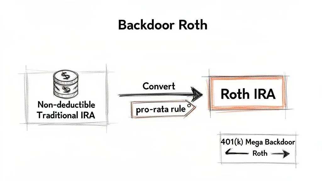 Diagram illustrating the Backdoor Roth conversion process from a non-deductible Traditional IRA to a Roth IRA.
