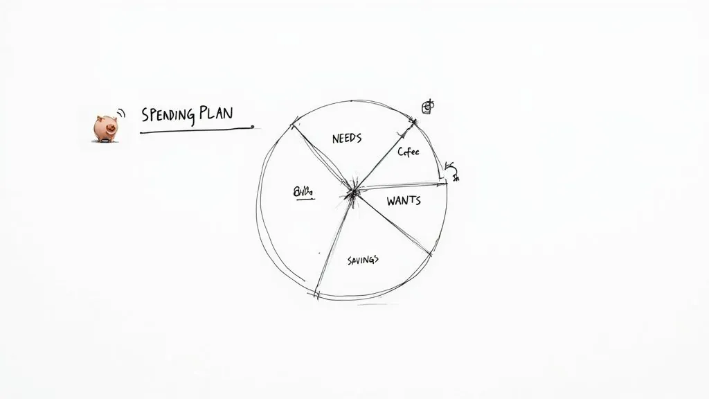 A hand-drawn spending plan pie chart with categories: needs, wants, savings, bills, and coffee, alongside a piggy bank.