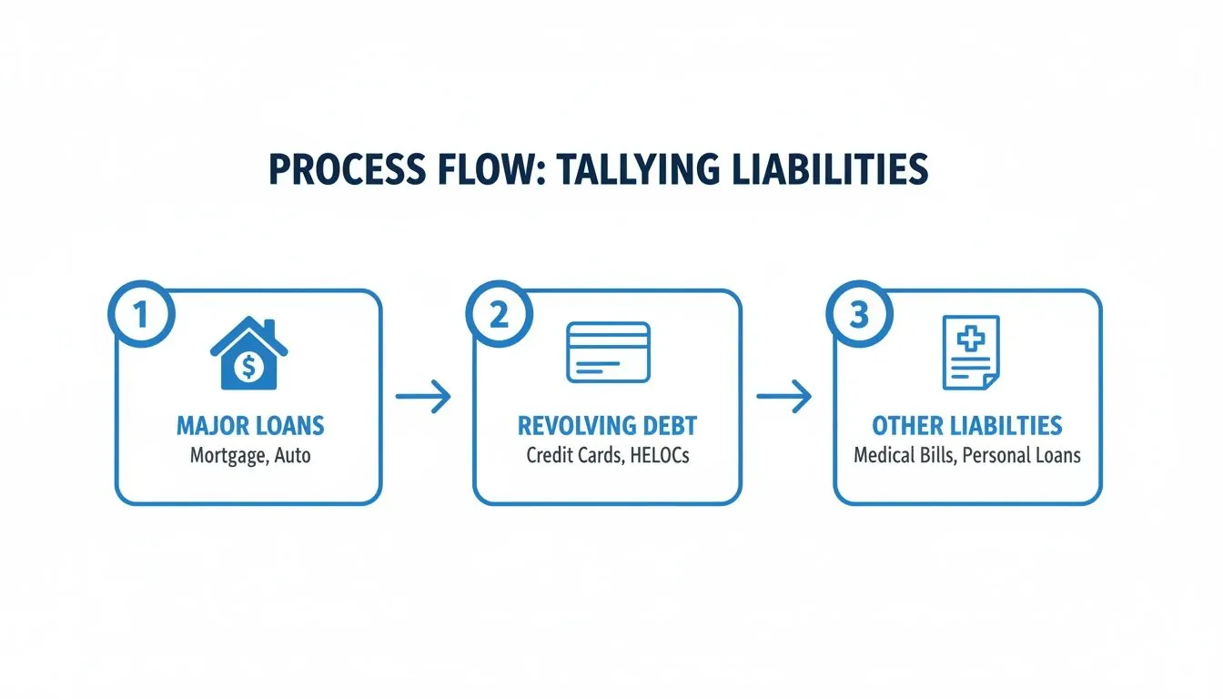 A process flow chart illustrating how to tally liabilities, categorized into major loans, revolving debt, and other liabilities.