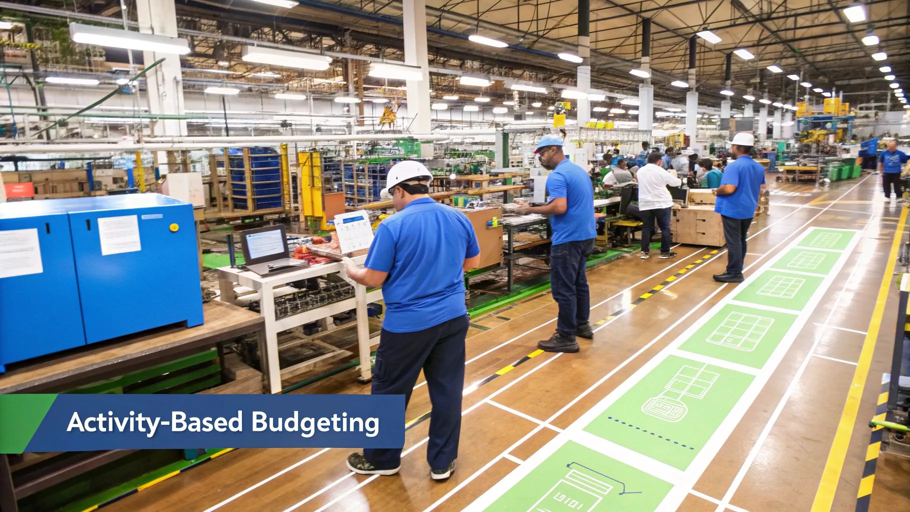 An infographic illustrating the Activity-Based Budgeting process, showing icons for activities like 'product design' and 'customer support' linked to a central dollar sign, representing how costs are allocated based on specific operational tasks.