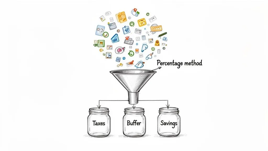 A funnel labeled 'Percentage method' divides money (represented by icons) into jars for Taxes, Buffer, and Savings.