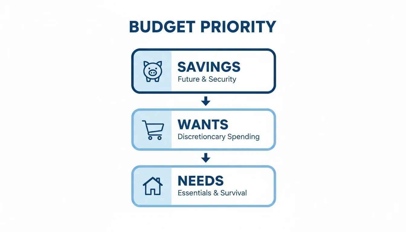 An infographic showing budget priority: Savings (Future & Security), Wants (Discretionary Spending), and Needs (Essentials & Survival), in that order.