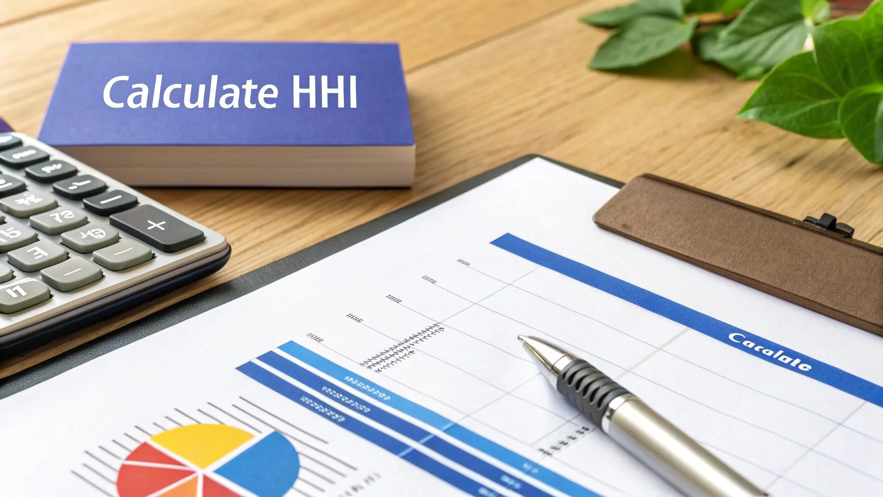 Desk setup with a 'Calculate HHI' book, calculator, business charts, and a pen.
