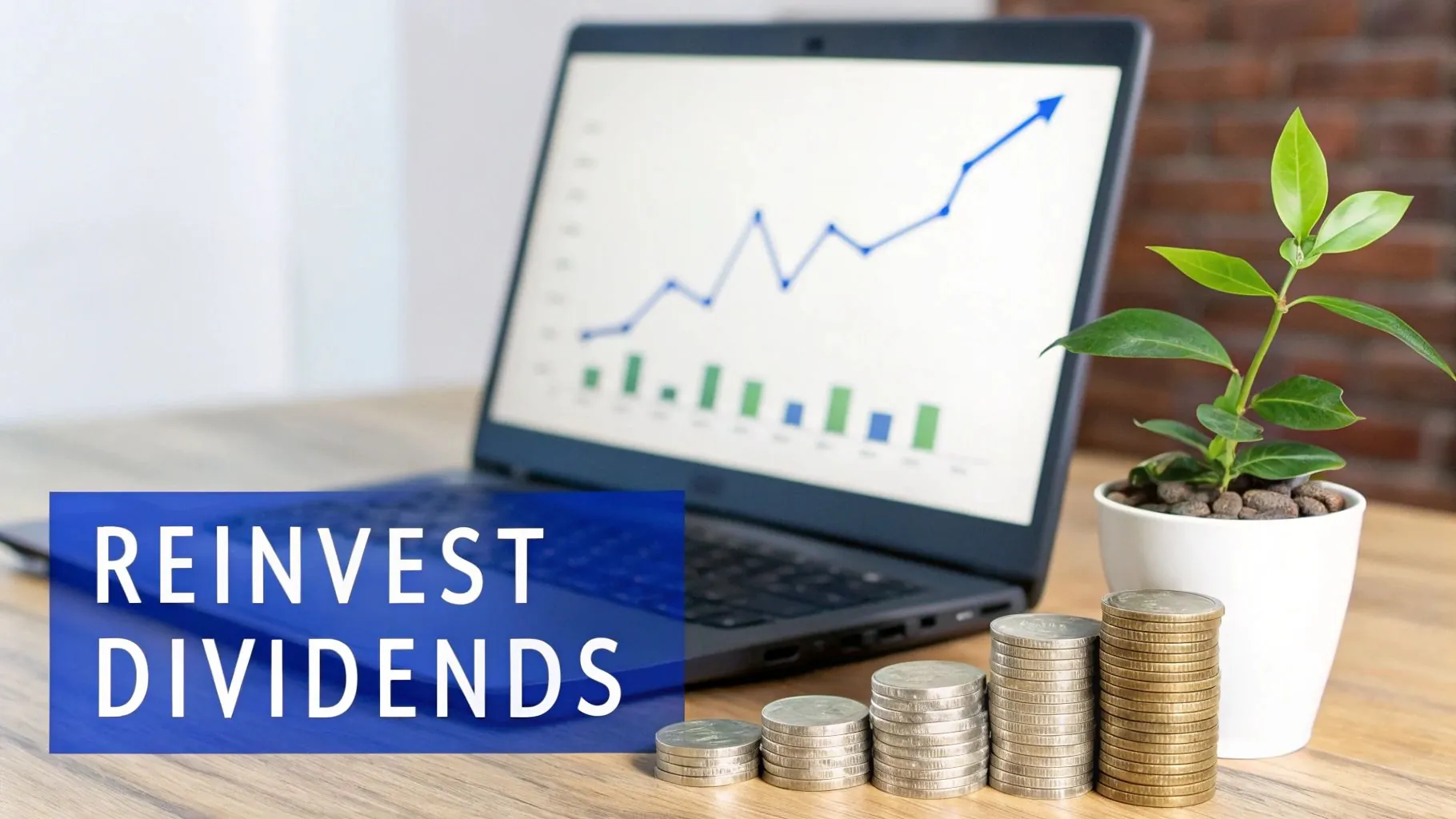 Laptop displaying upward growth chart with stacked coins and plant representing reinvested dividends
