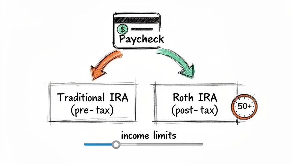 Diagram showing paycheck flow into Traditional (pre-tax) or Roth (post-tax) IRAs, with income limits and 50+ age note.