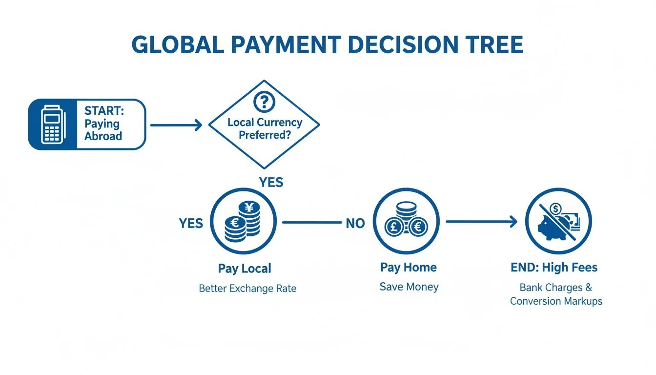 A global payment decision tree flowchart illustrating how to avoid high currency conversion fees when paying abroad.