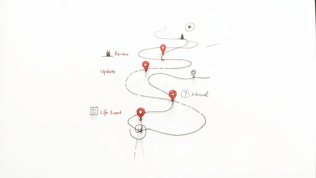 Hand-drawn winding path with red map pins marking financial planning stages: Life Event, Annual, Update, Review.