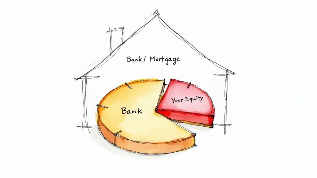 A hand-drawn house with a pie chart showing 'Bank' and 'Your Equity' in home ownership.