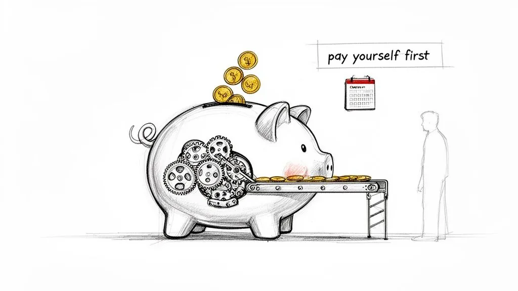 A sketch of a piggy bank with internal gears processing coins onto a conveyor belt, illustrating automated savings.
