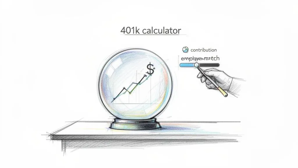 A hand adjusts an 'employee match' slider on a 401k calculator, showing financial growth in a crystal ball.