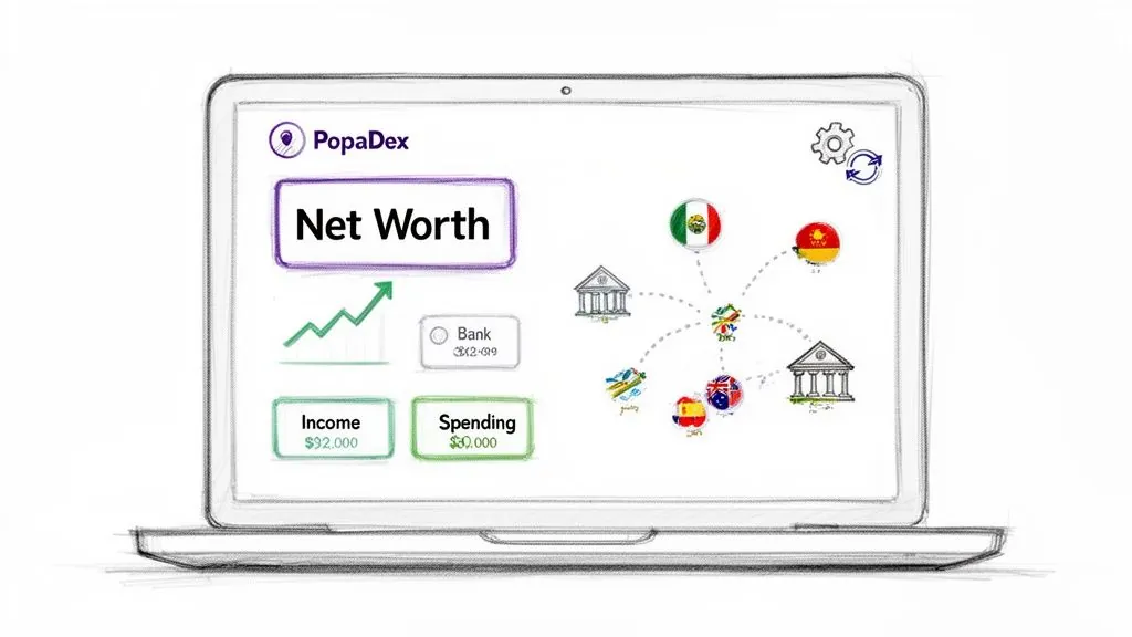 A PopaDex application on a laptop screen displays net worth, income, spending, and a global financial network.