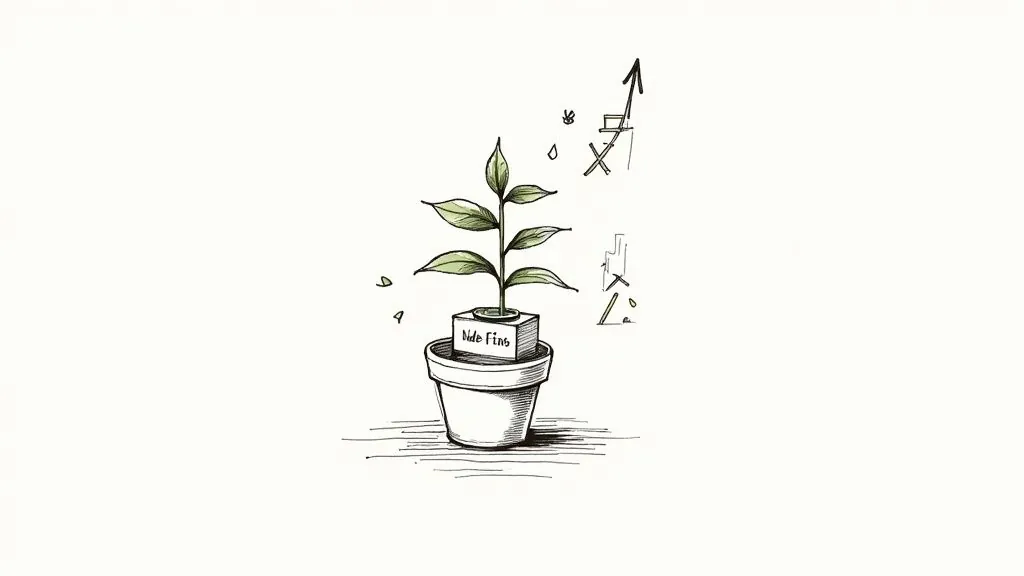 A cartoon drawing of a potted plant growing from a block labeled 'Nde Fins' with upward financial growth symbols.
