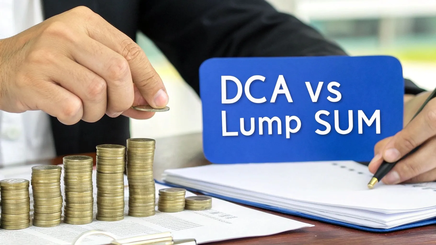 A split image showing a single large pile of coins on one side (lump sum) and several smaller, regular stacks of coins on the other (DCA).