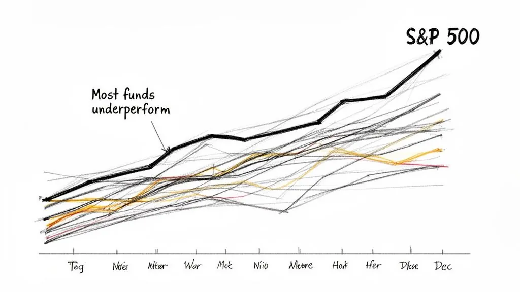 Graph showing the S&P 500 index significantly outperforming most actively managed funds over time.