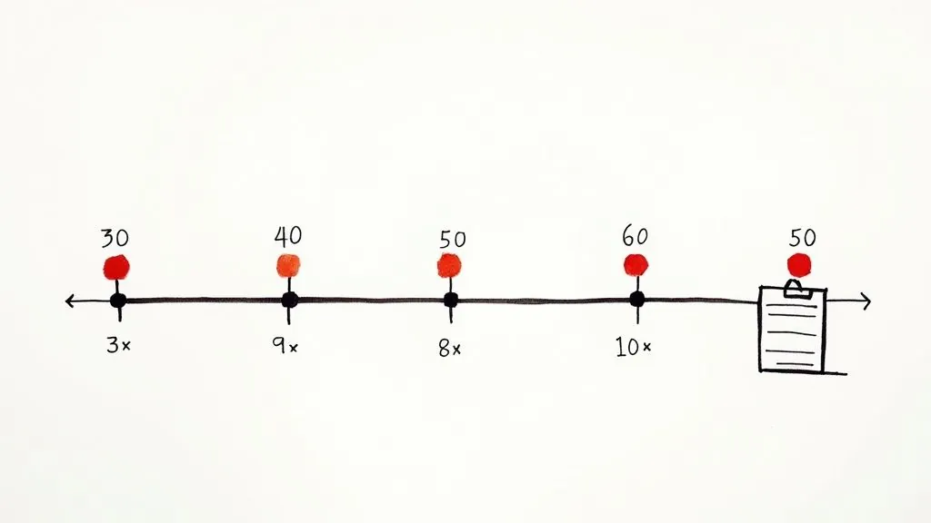 A number line illustrating retirement savings goals at different ages, from 3x at 30 to 10x at 60.