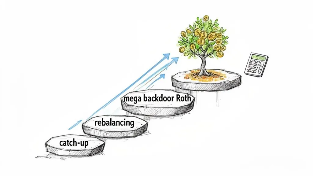 An illustration of financial steps: catch-up, rebalancing, mega backdoor Roth, leading to a money tree and calculator.