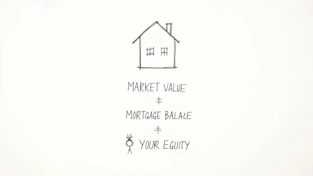 Hand-drawn house diagram illustrating concepts of market value, mortgage balance, and your home equity.
