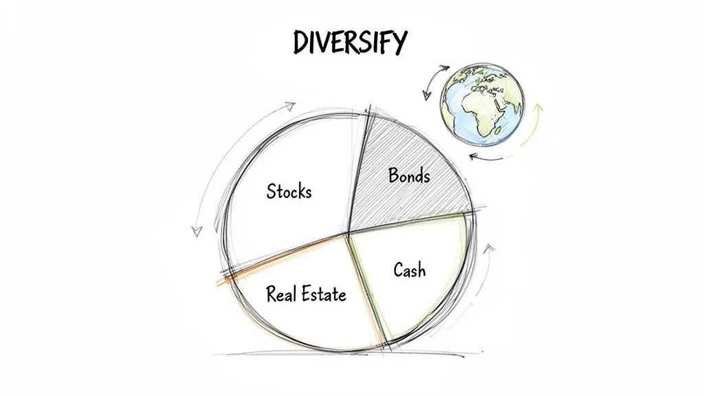 A hand-drawn pie chart illustrating investment diversification into stocks, bonds, cash, and real estate, with a globe.