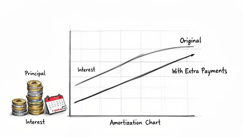 An amortization chart illustrating how extra loan payments significantly reduce total interest compared to original terms.