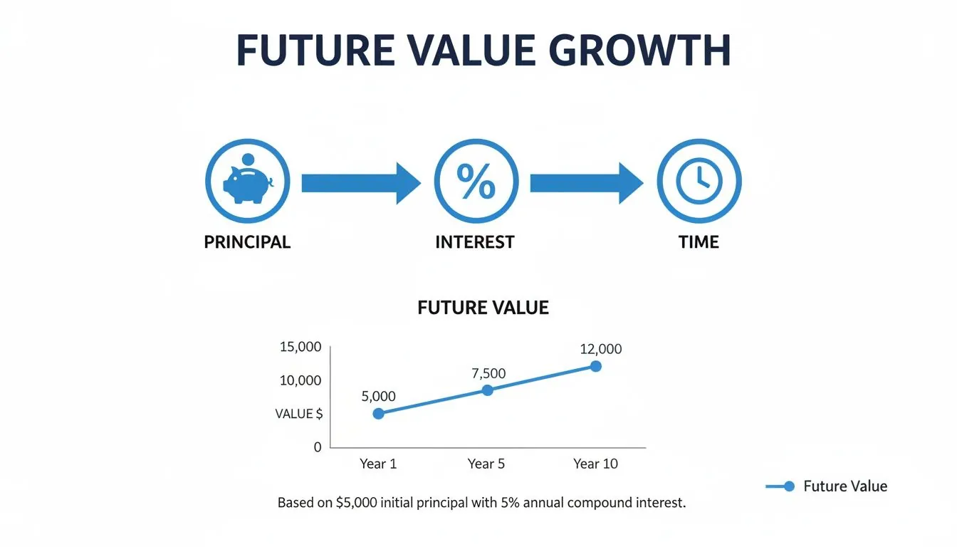 Diagram and line graph illustrating future value growth calculation from principal, interest, and time over 10 years.