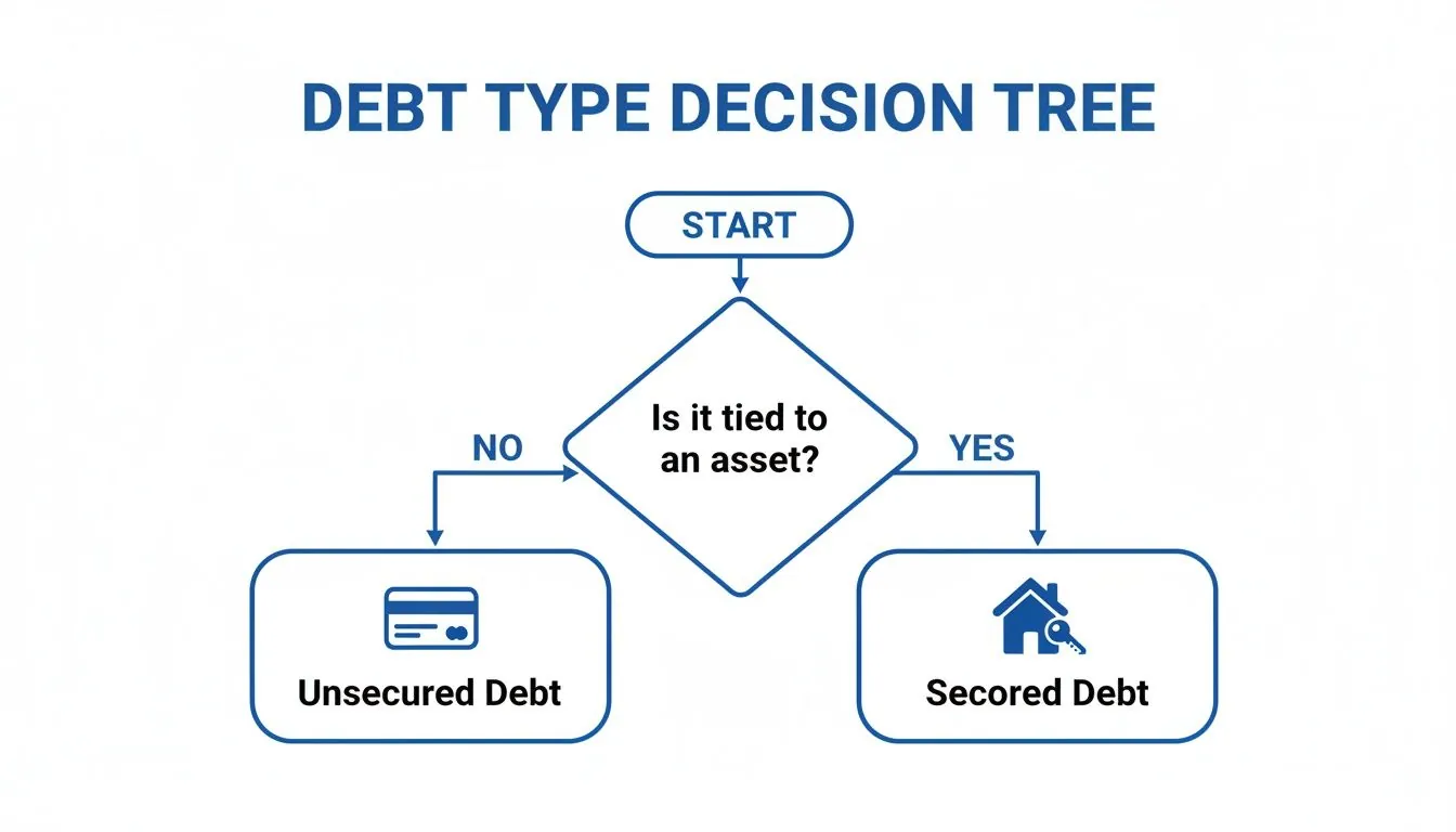 A debt type decision tree flowchart, illustrating secured versus unsecured debt based on asset linkage.