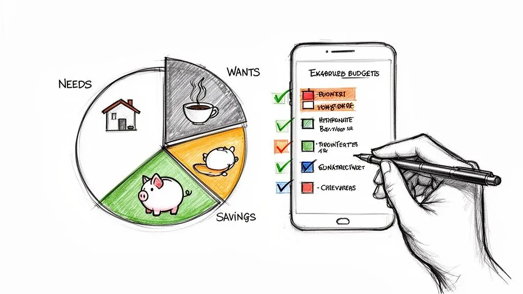 Illustration of financial planning with a budget app and a pie chart for needs, wants, and savings.