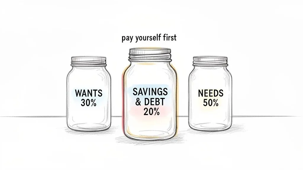Three glass jars labeled 'Wants 30%', 'Savings & Debt 20%', 'Needs 50%', illustrating budgeting.