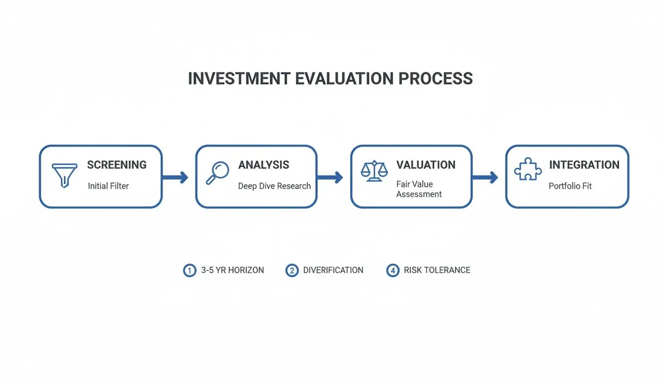 Flowchart detailing the investment evaluation process: screening, analysis, valuation, and integration, with considerations for horizon, diversification, and risk.