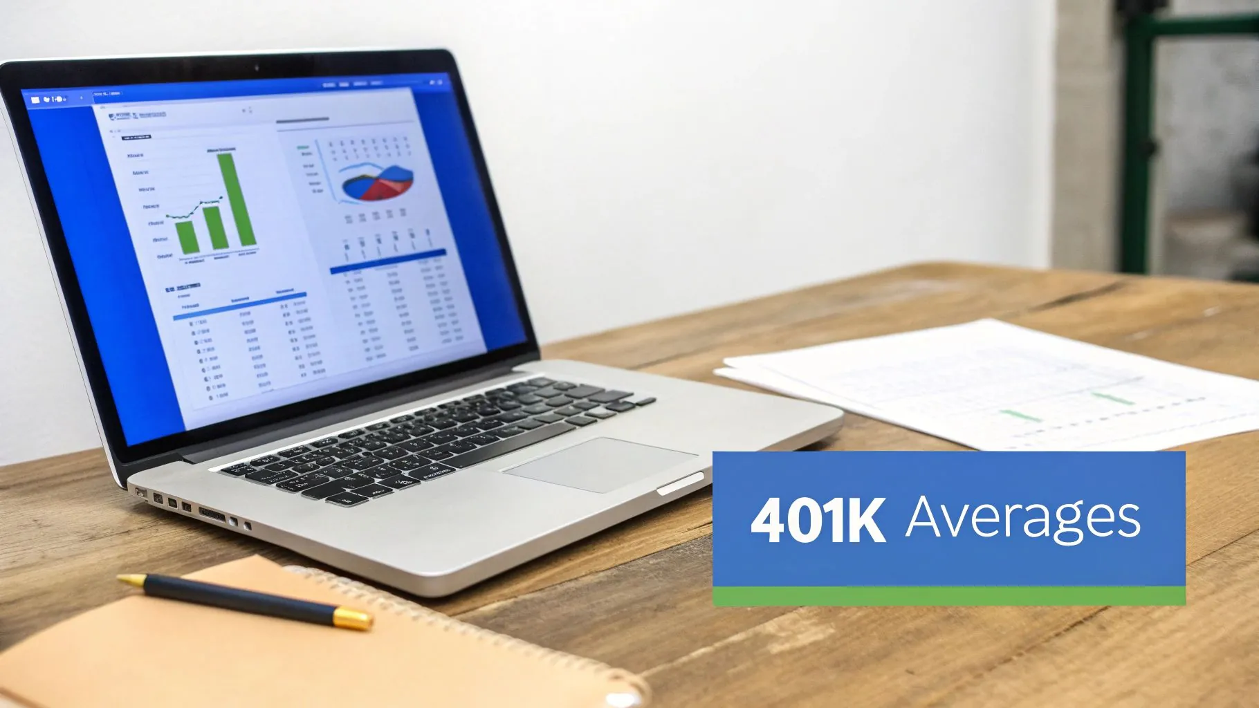 A laptop displaying financial charts and data on a wooden desk, with a '401K Averages' text overlay.