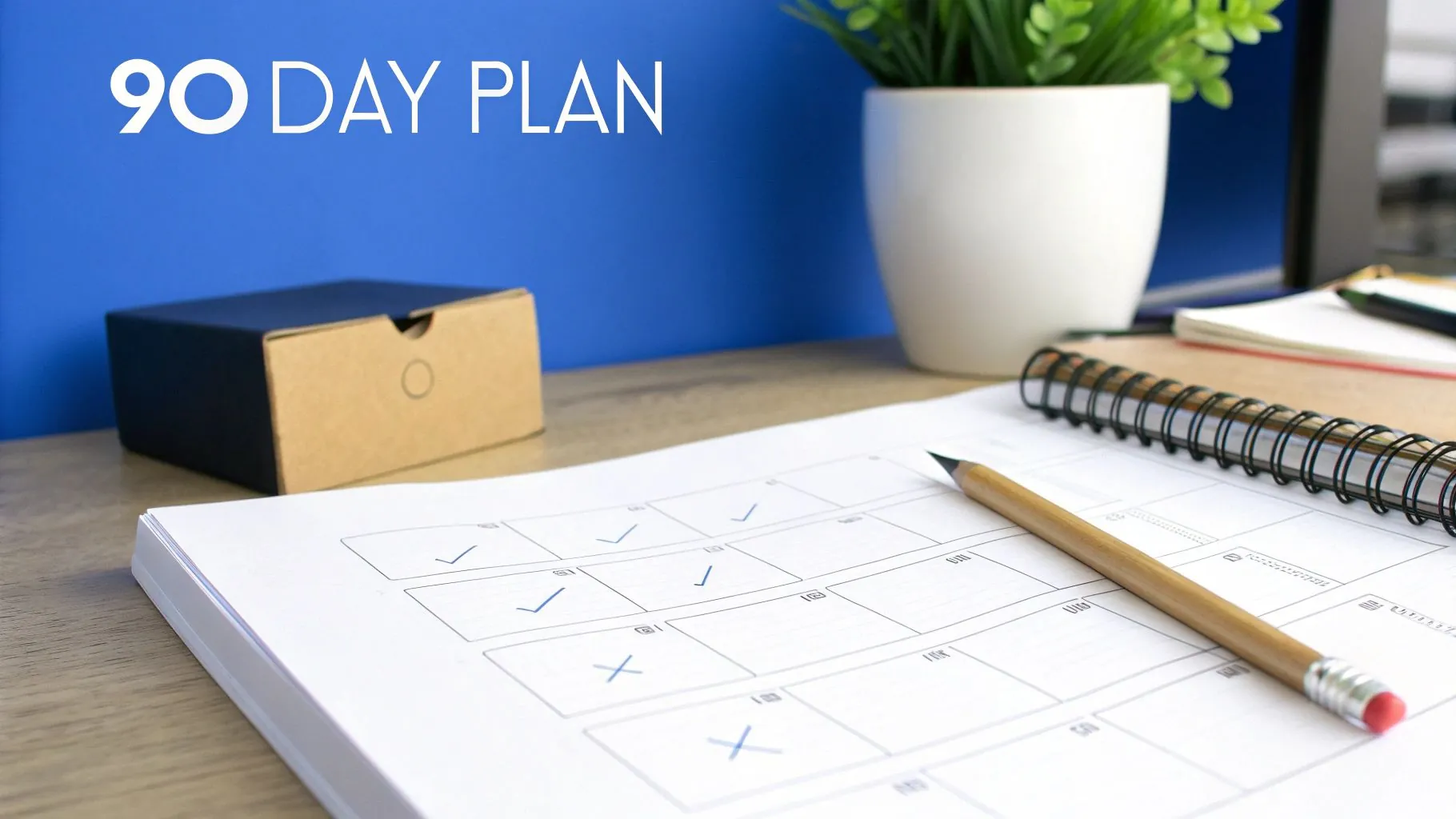 A planner on a desk displays a '90 Day Plan' with checkmarks, alongside a pencil and plant.