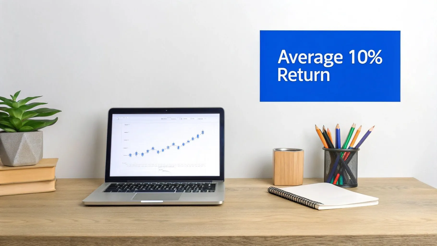 A desk with a laptop displaying a financial chart, a plant, and a sign 'Average 10% Return'.