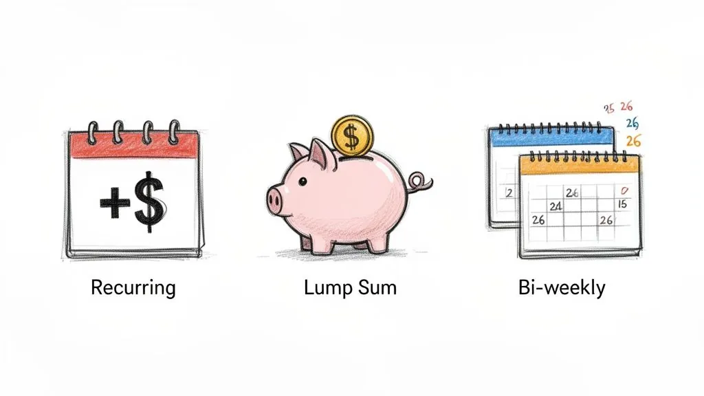 Three illustrations show different payment options: recurring, lump sum, and bi-weekly contributions.