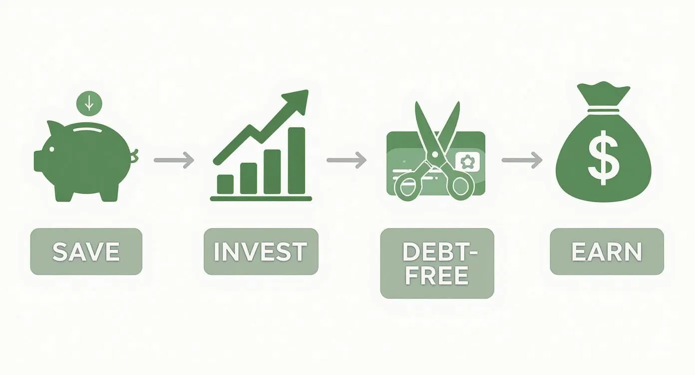 Financial wealth building steps showing save, invest, become debt-free, and earn money progression with icons