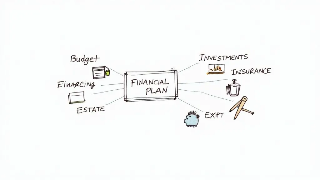 A hand-drawn mind map illustrating the key components of a financial plan, including budget, investments, and insurance.
