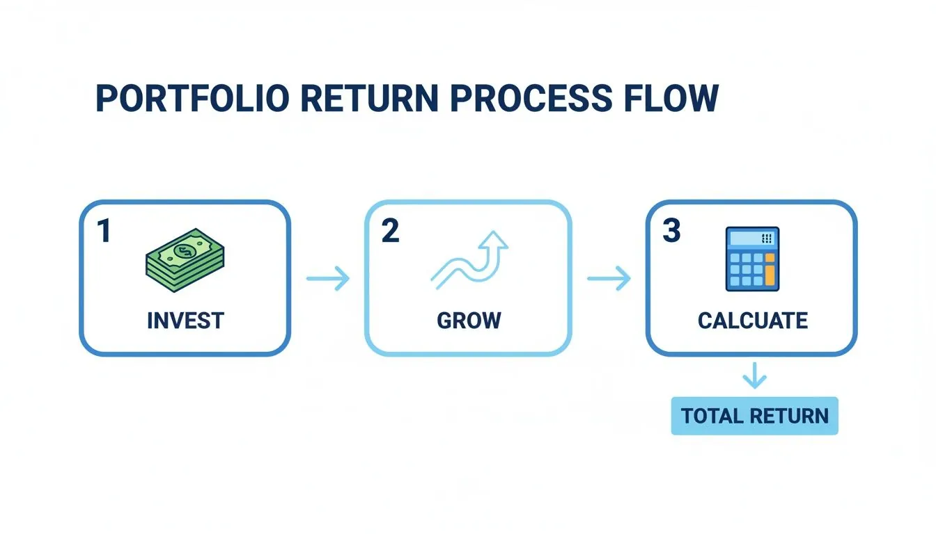 A step-by-step process flow illustrating how to calculate portfolio return, from investing to growth.