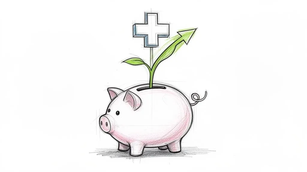 A hand-drawn illustration of a piggy bank with a plant growing out, featuring a medical cross and an upward arrow, symbolizing health savings growth.