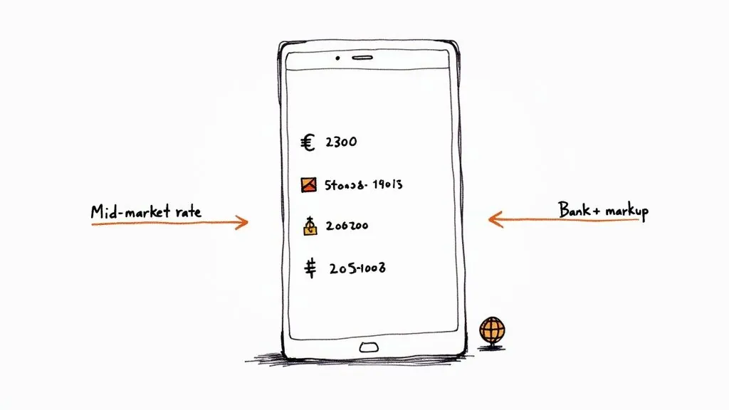 A smartphone displaying different currency exchange rates, comparing mid-market rate with bank markup.