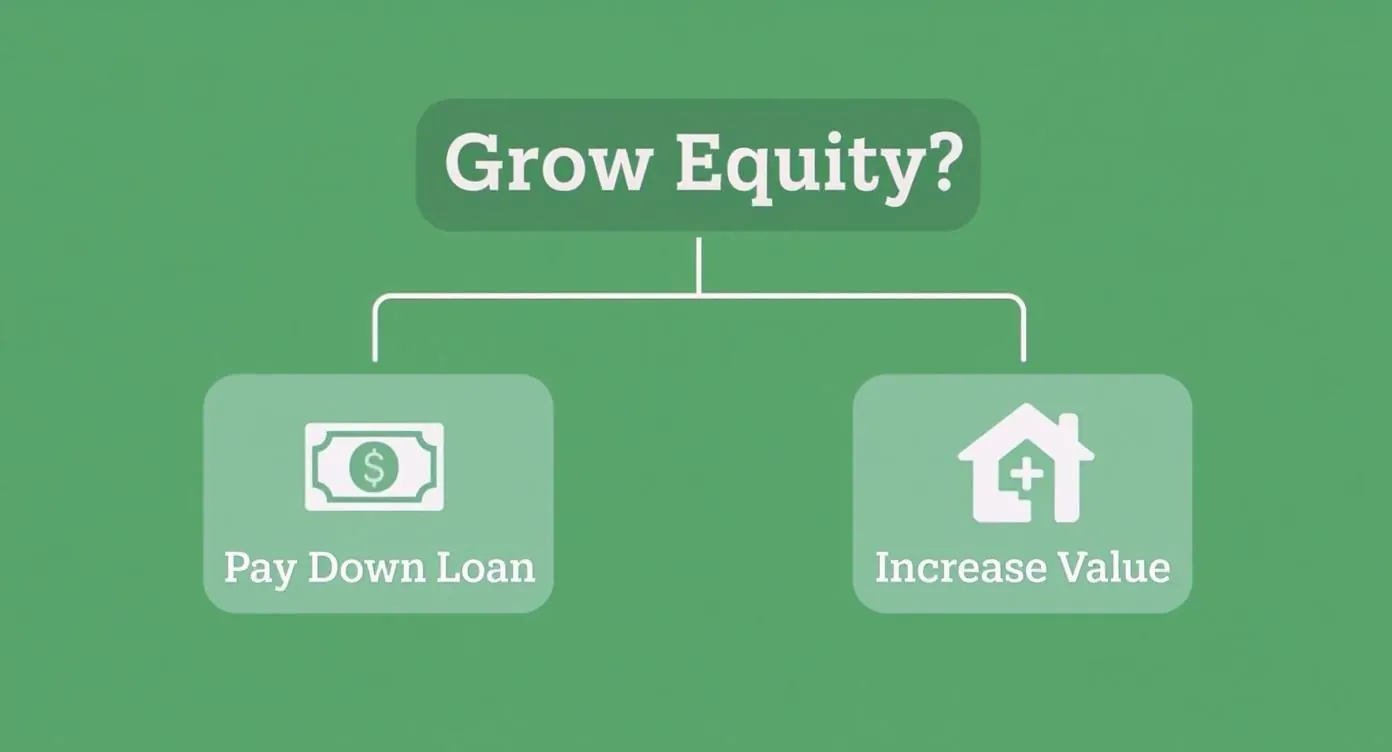 A flowchart showing two strategies to grow equity: paying down a loan and increasing property value.