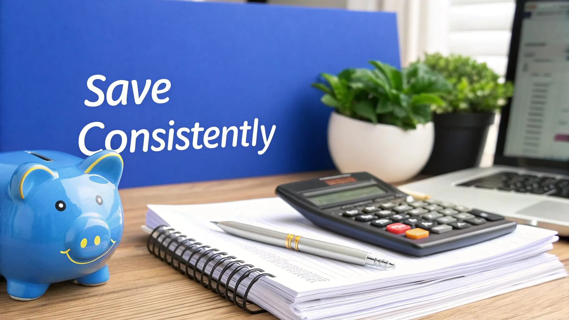 A person working on their budget and savings plan with a laptop and notebook.