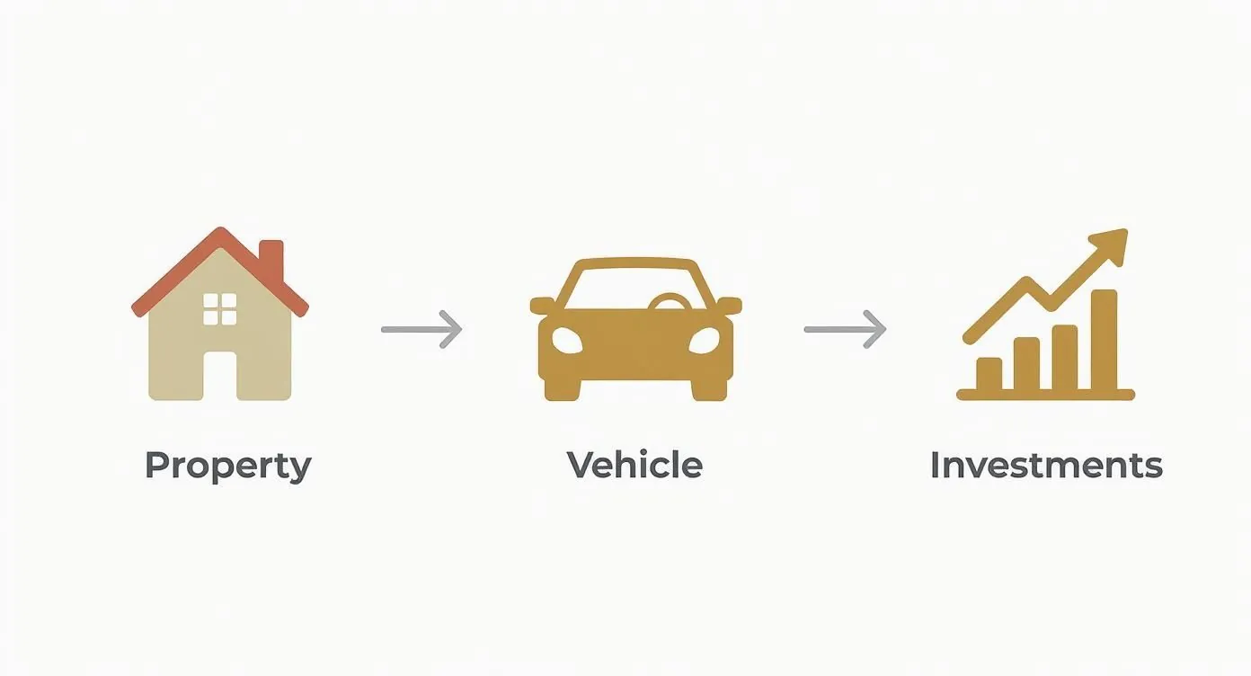 Icons showing a house (Property), a car (Vehicle), and a growth chart (Investments) connected by arrows.