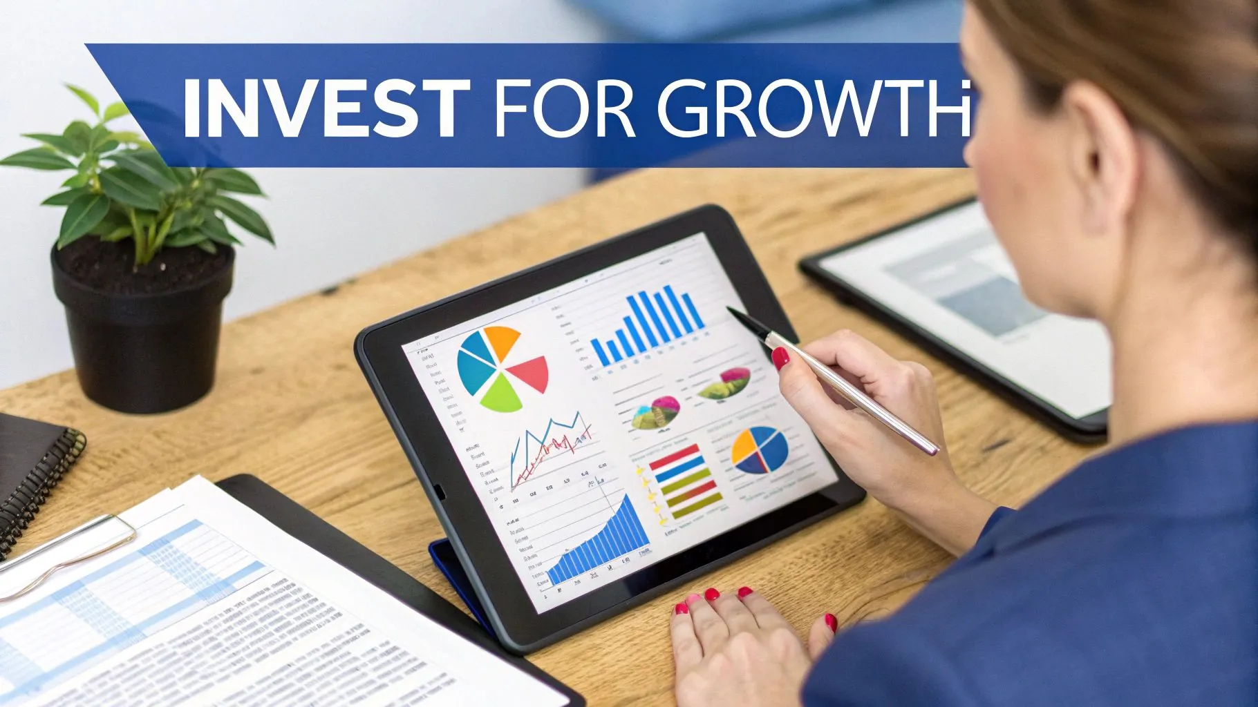 Professional woman analyzing financial growth charts and investment data on tablet for wealth building