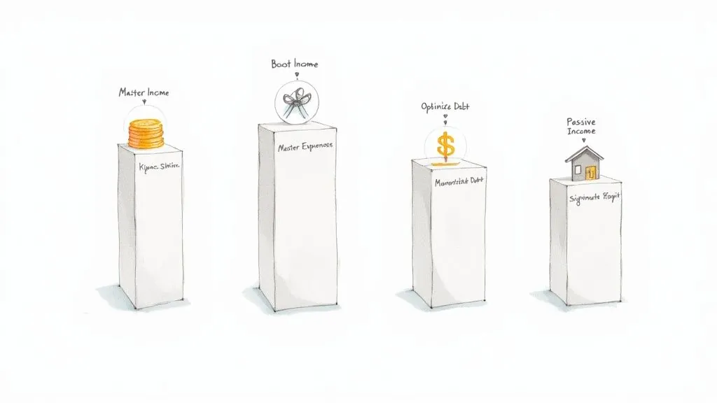Four financial pillars illustrating concepts like income, expenses, debt optimization, and passive income.