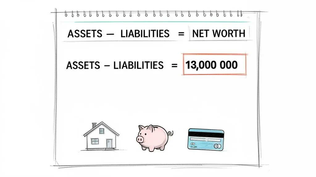 Financial net worth calculation with assets, liabilities, and a result of 13,000,000, alongside icons of a house, piggy bank, and credit card.